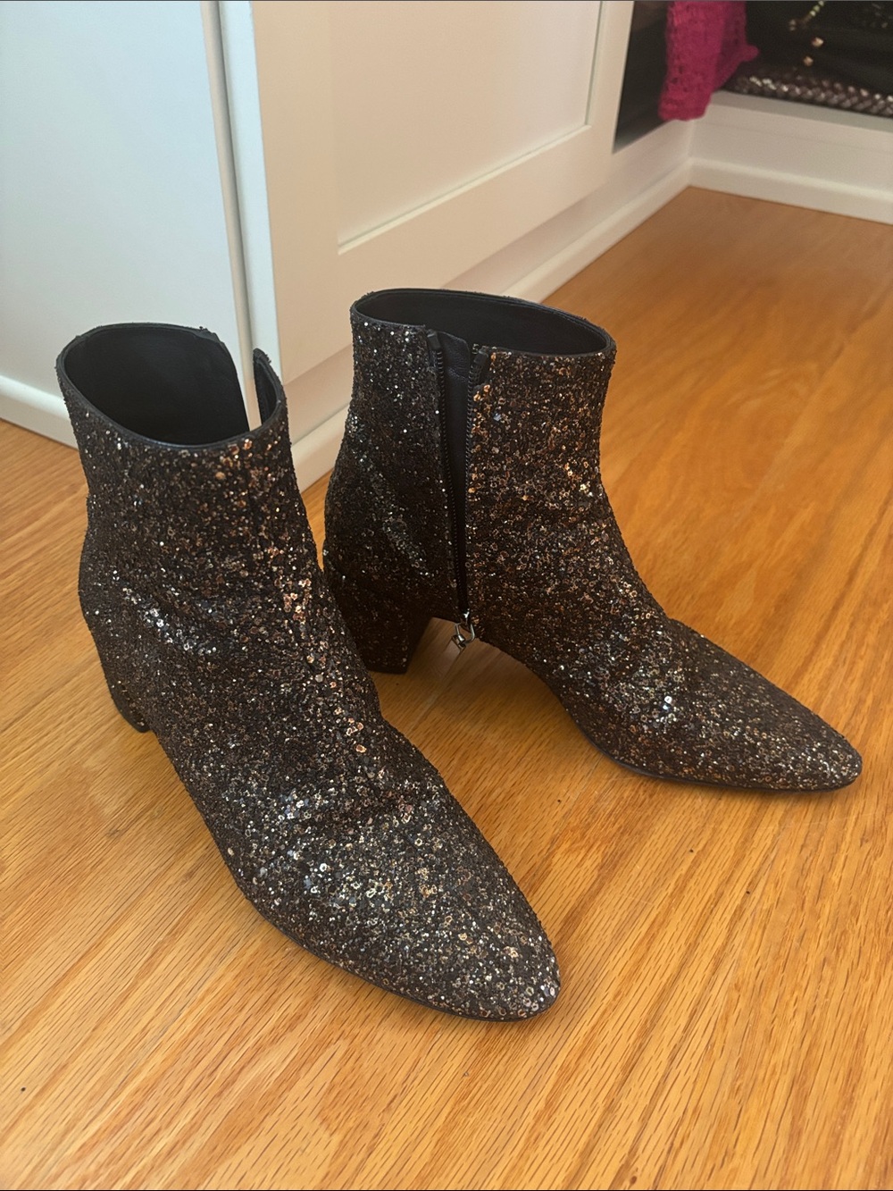 YSL Glitter Pointed Toe Ankle Boots - Black